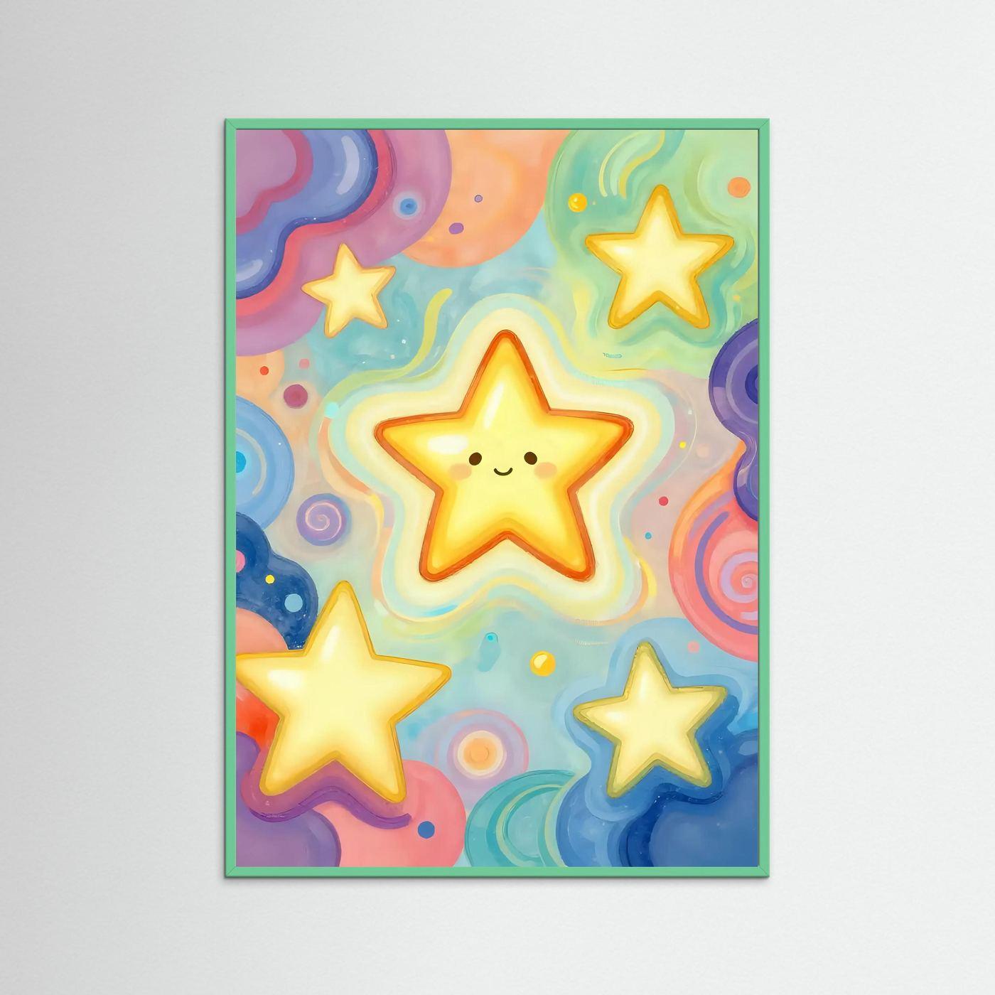Framed wall art print with smiling stars and rainbow swirls, green frame, yellow center star.