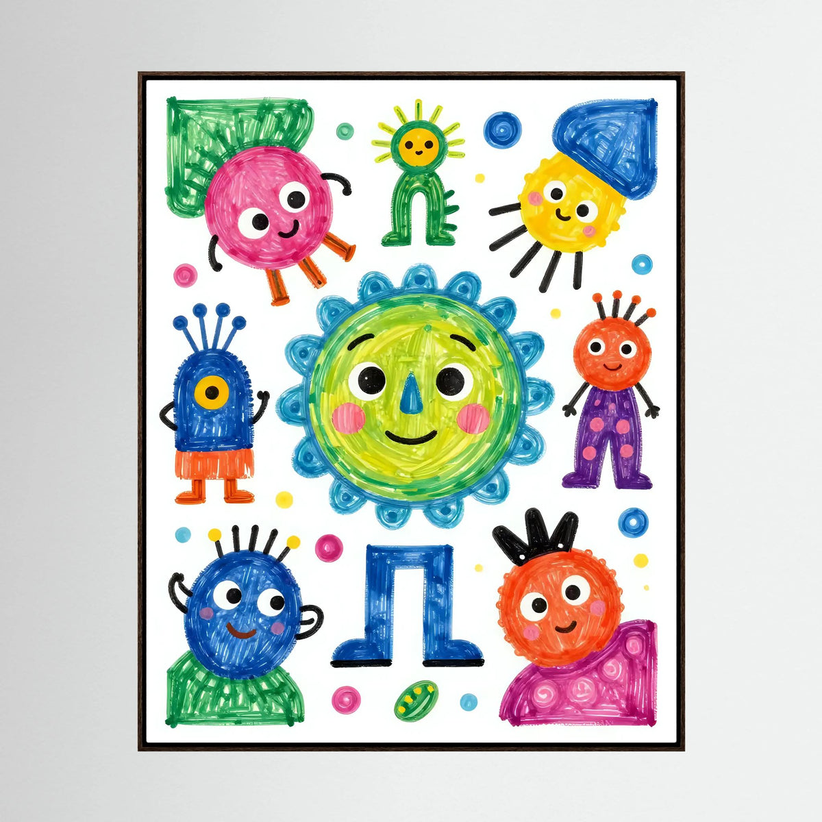 Brown-framed colorful cartoon characters wall art with smiling aliens and the number 1