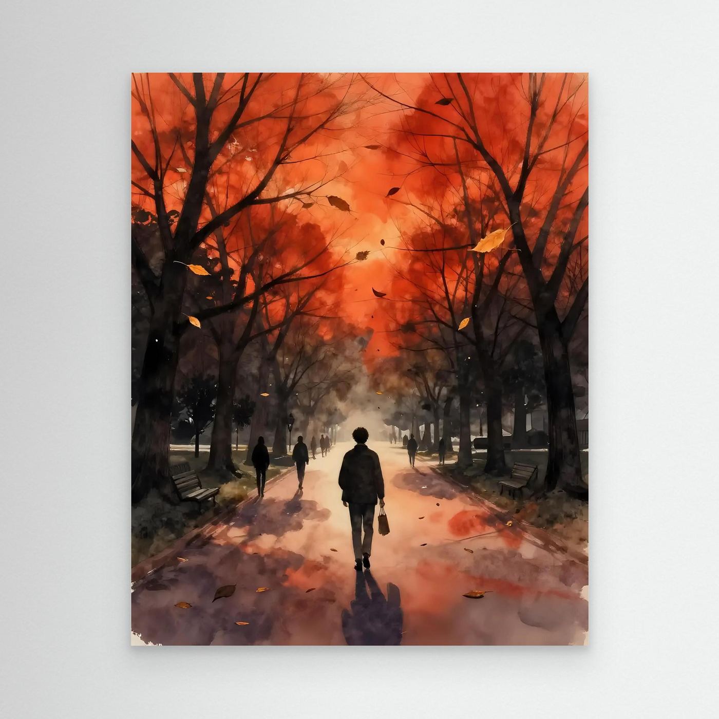 Autumn park wall art print with orange trees, walkway, and silhouetted figure