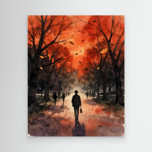 Autumn park wall art print with orange trees, walkway, and silhouetted figure