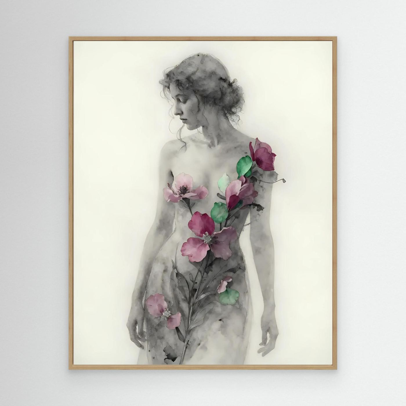 Oak-framed floral body art portrait of a woman with pink and green flowers