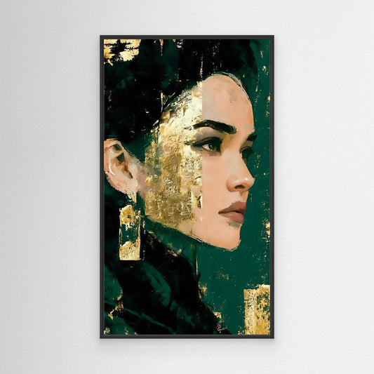Framed portrait wall art with side-profile face in teal green and gold paint