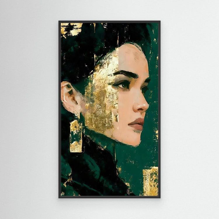 Framed portrait wall art with side-profile face in teal green and gold paint