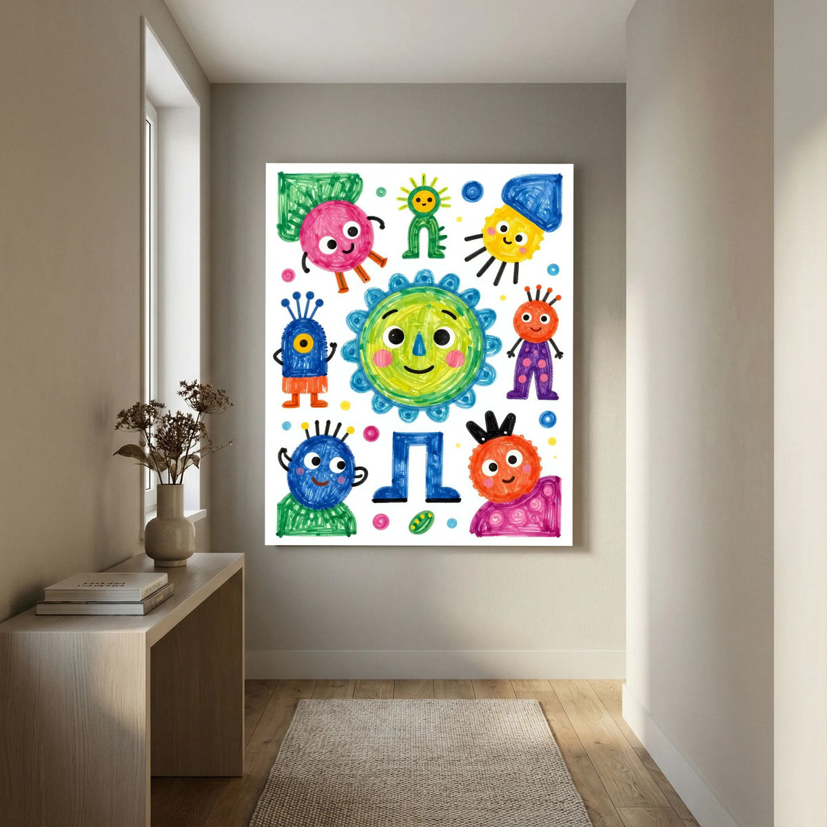 Framed colorful cartoon characters wall art featuring smiling aliens and the number 1