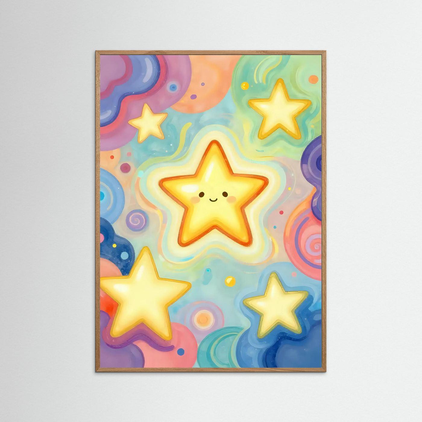 Framed star wall art: smiling star in rainbow sky with glowing stars, brown frame