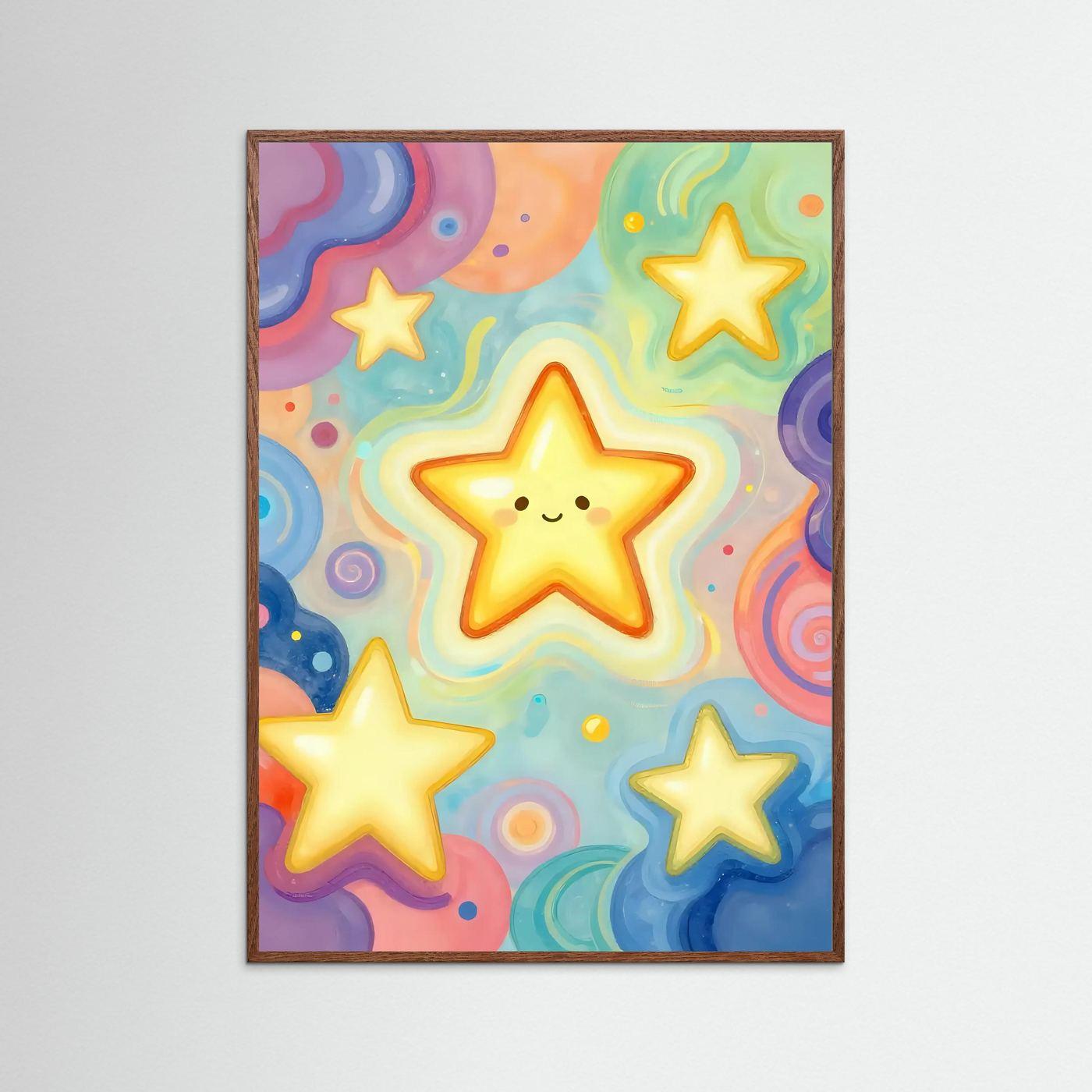 Framed star wall art: smiling center star with smaller stars, brown wood frame