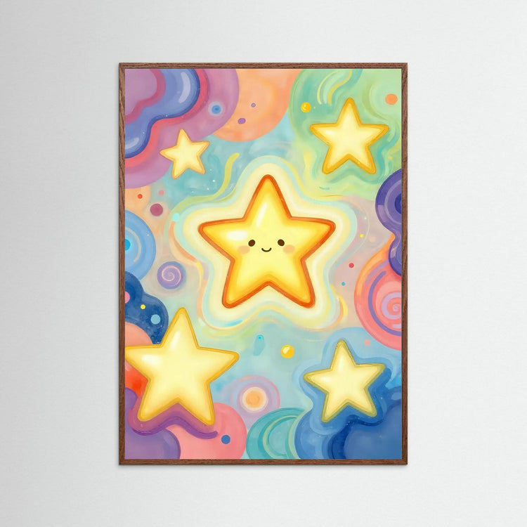 Framed star wall art: smiling center star with smaller stars, brown wood frame