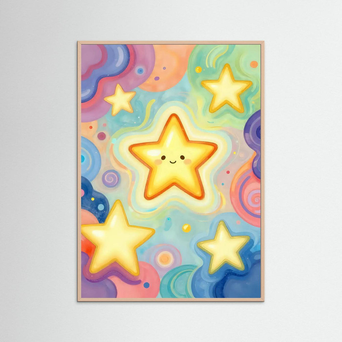 Framed star wall art: smiling star in colorful sky with glowing stars, light frame