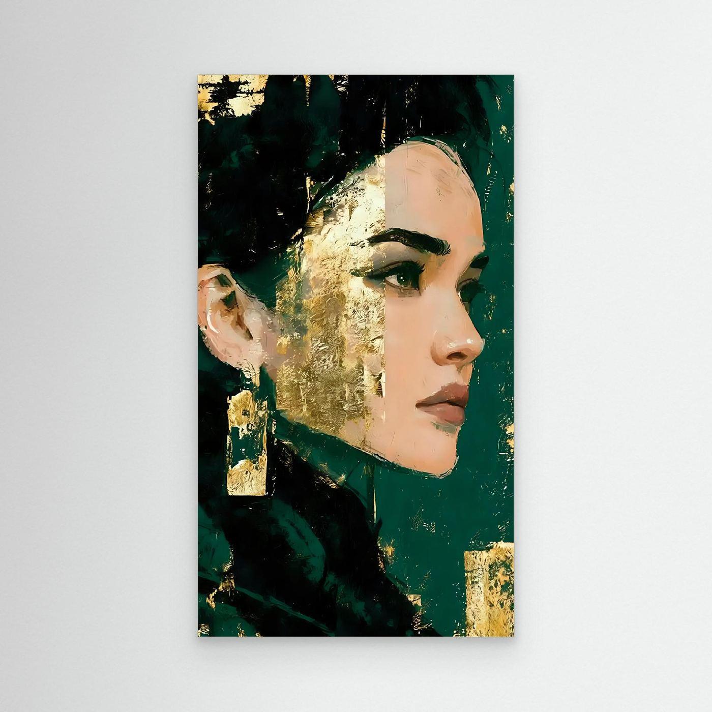 Framed portrait wall art featuring a side-profile face in teal green and gold accents