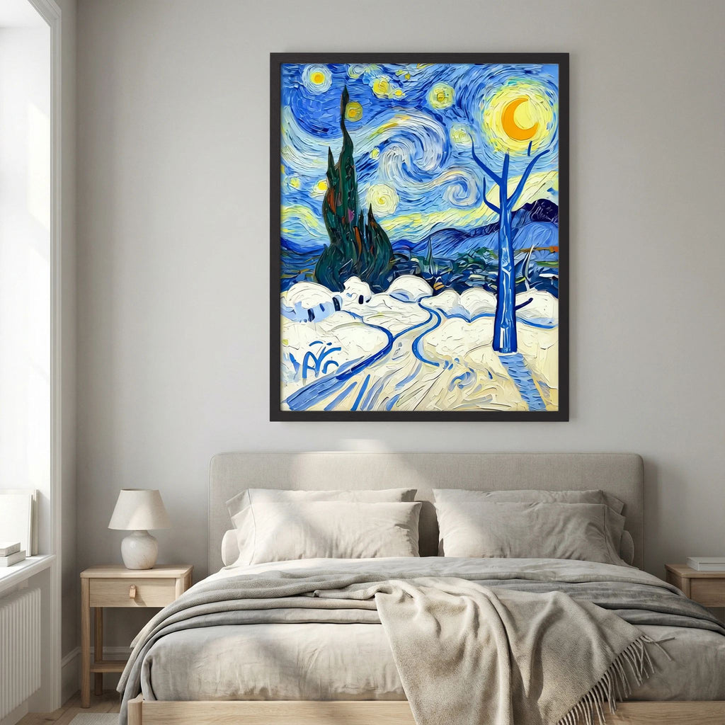 Framed snowy landscape artwork with blue sky swirls, stars, moon, and snowy path