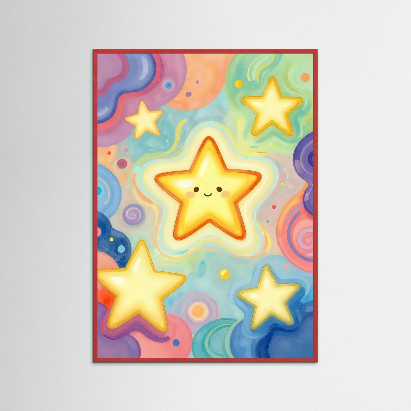 Framed star wall art: smiling center star with surrounding stars, red frame