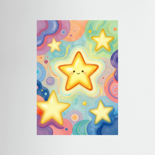 Framed wall art print with smiling stars and rainbow swirls, yellow center star.