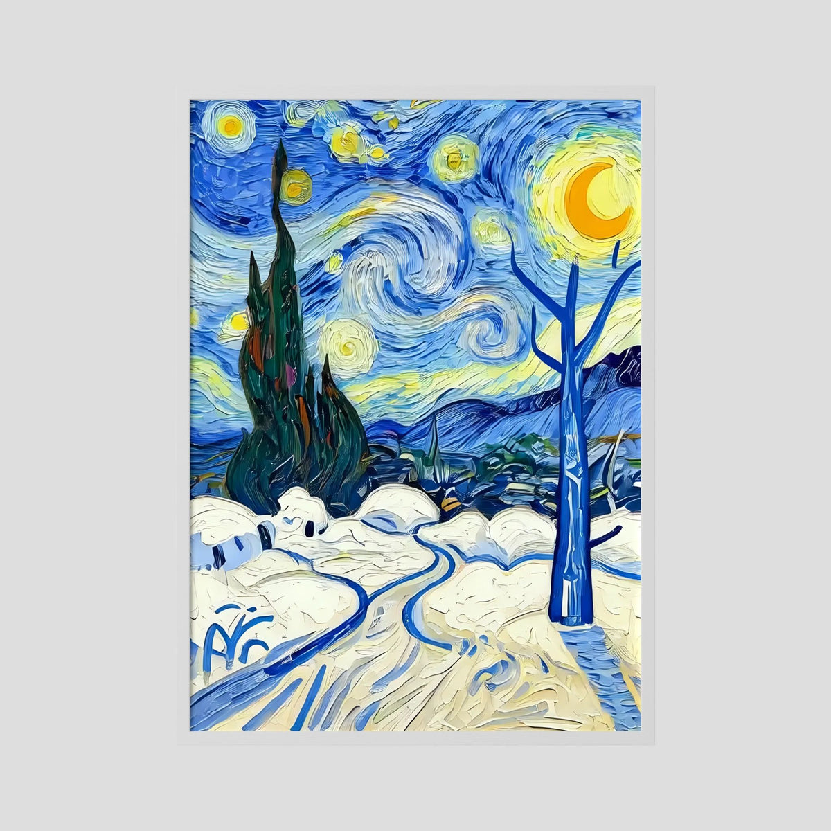 Framed snowy landscape art with blue swirls, stars, moon, and trees in a white frame