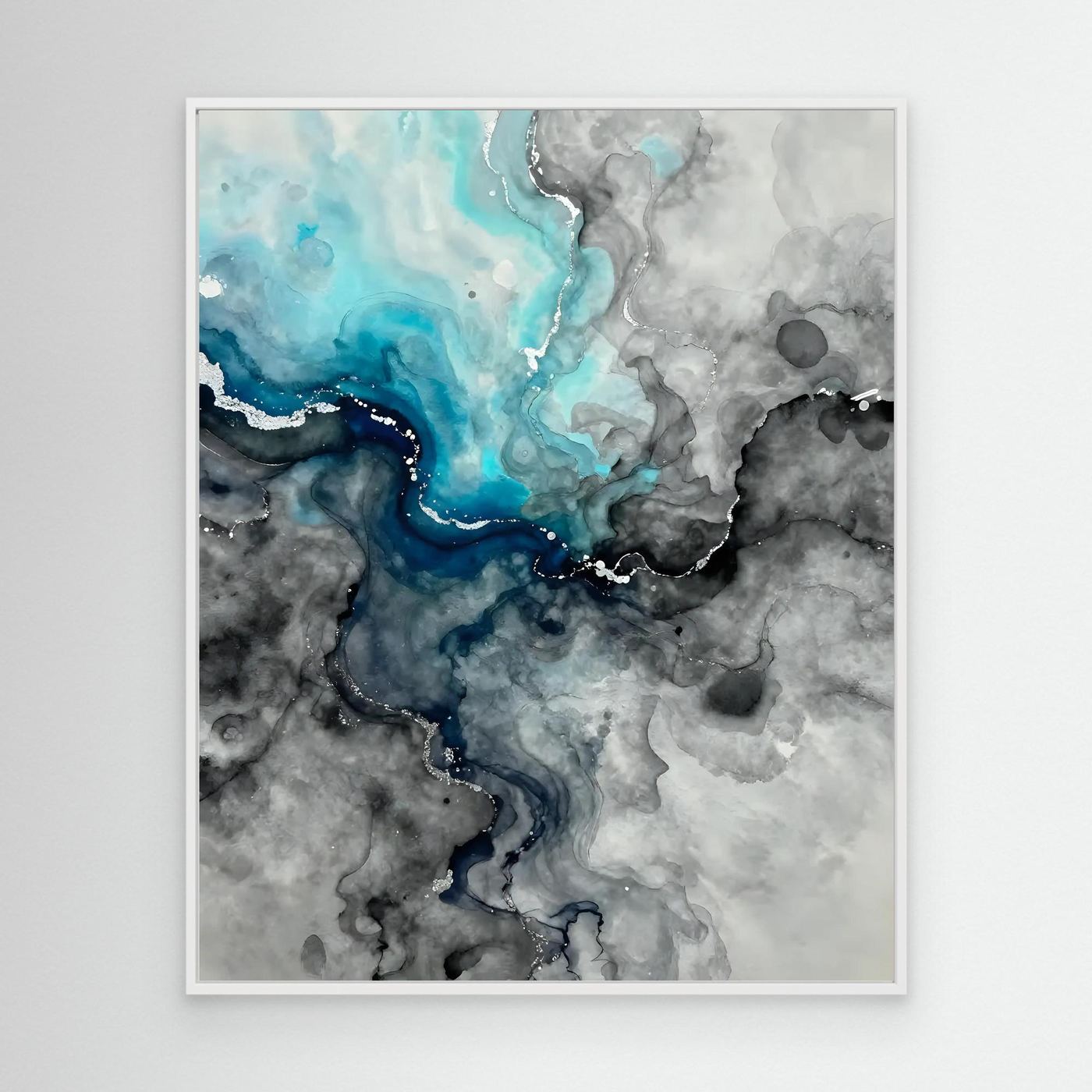 Framed abstract wall art with blue and gray marbling, white frame.