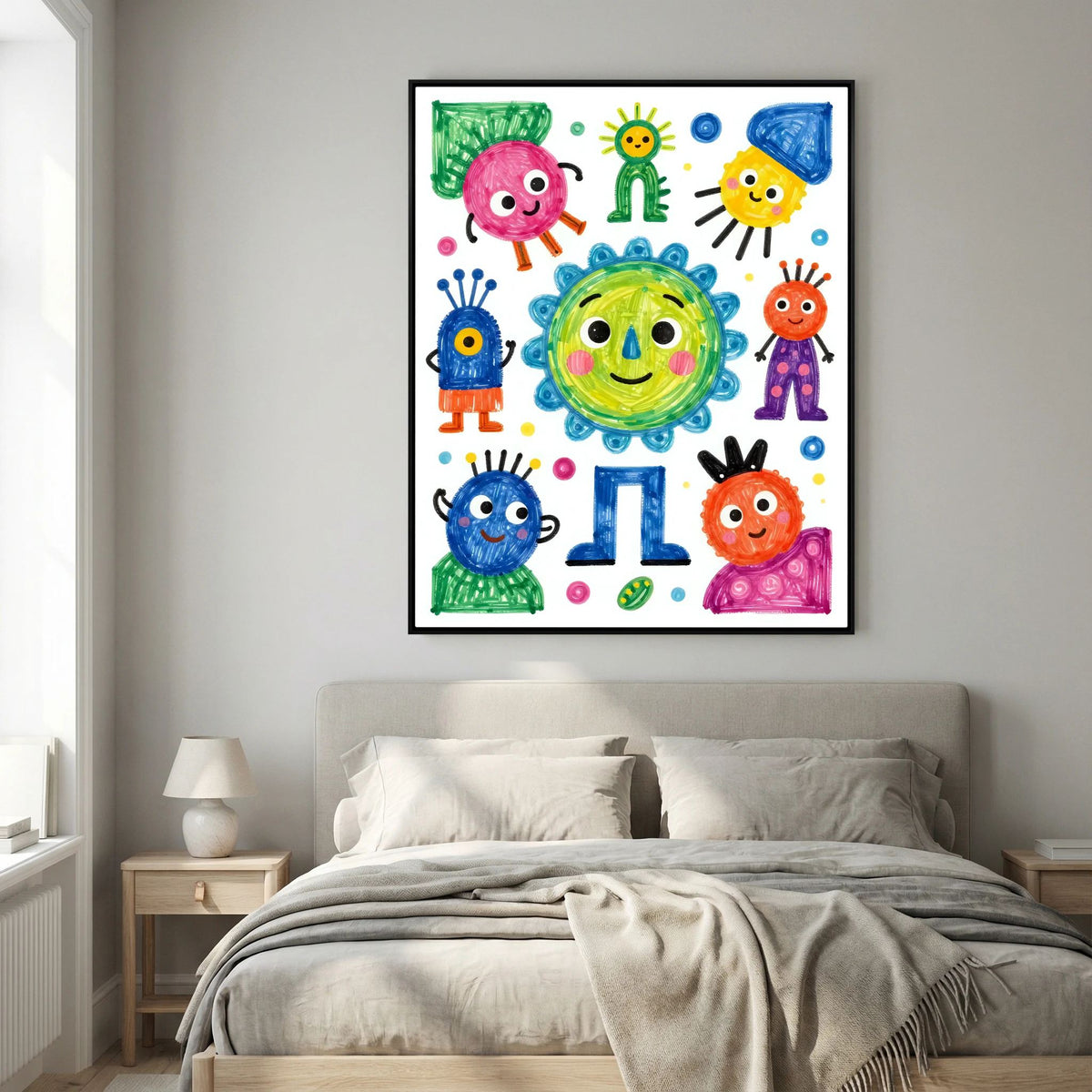 Framed colorful cartoon characters wall art with aliens, stars, and the number 1