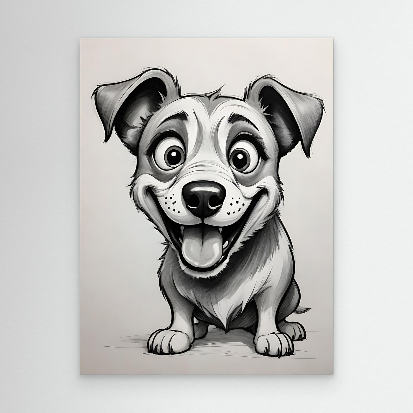 Dog sketch wall art of a sitting puppy in black and white, unframed.