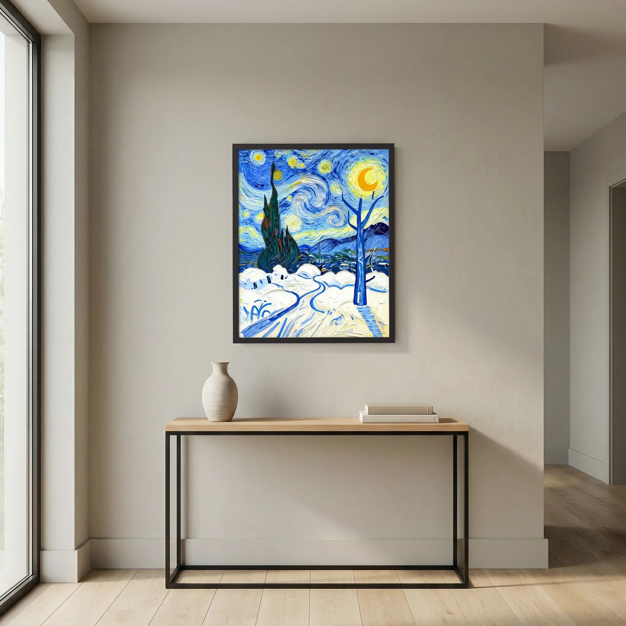 Framed snowy landscape art with starry night sky, moon glow, trees, and snowdrifts