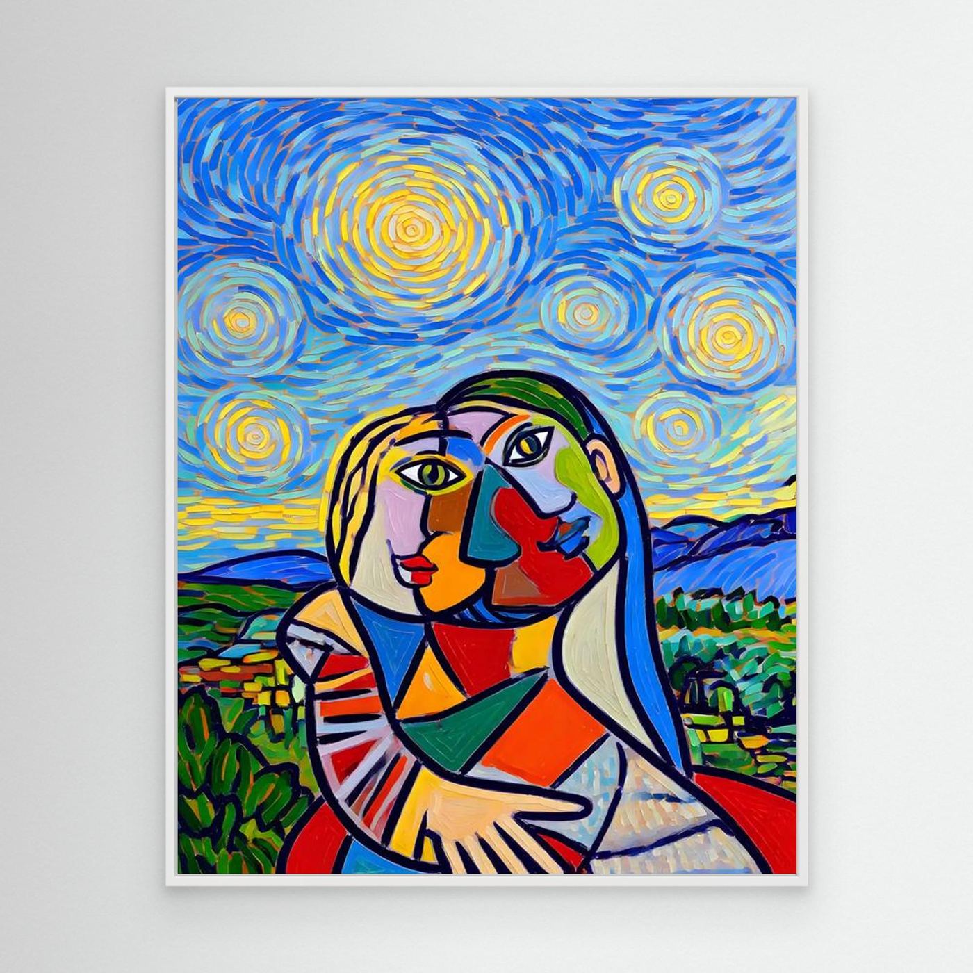 White-framed square wall art print with stylized portrait in a blue spiral night sky
