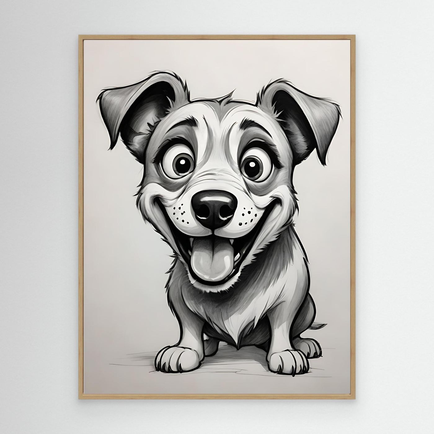 Light wood-framed black-and-white dog sketch wall art of a sitting puppy.
