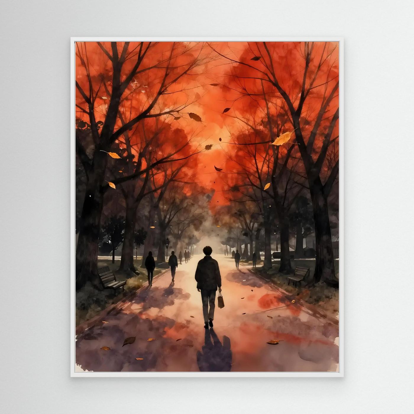 White framed autumn park wall art with orange foliage, walkway, and silhouetted figure