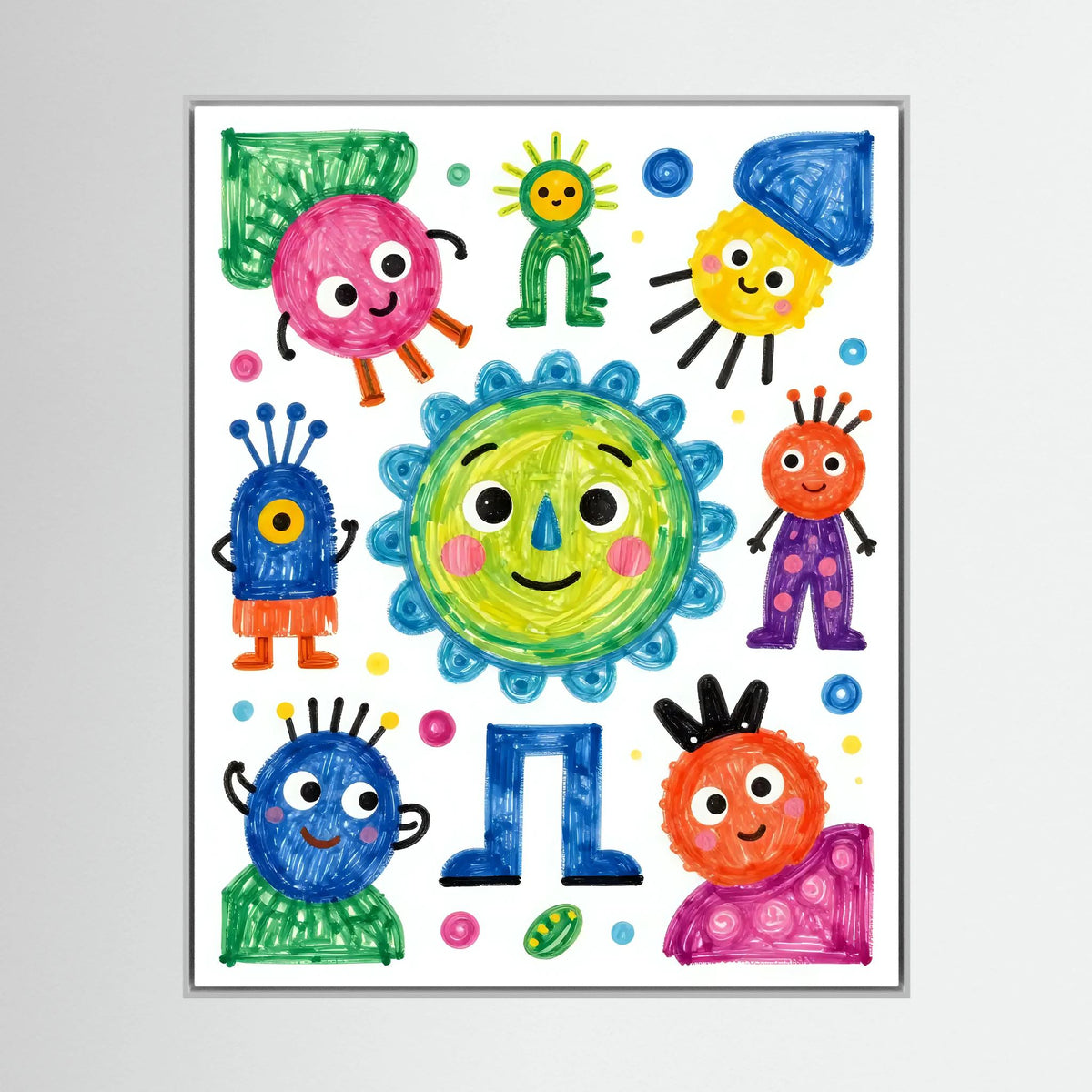 Gray-framed colorful cartoon characters wall art with smiling aliens and the number 1