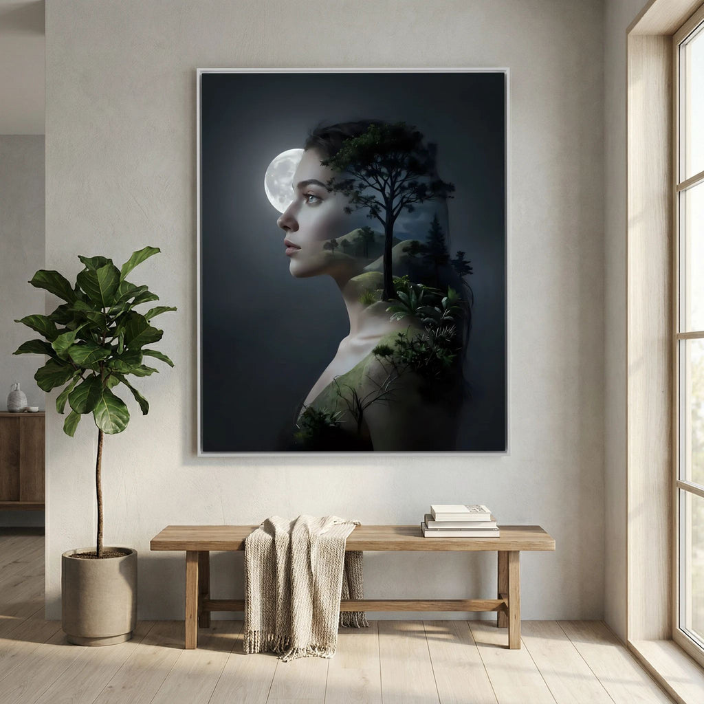 Woman's Silhouette with Moon and Nature