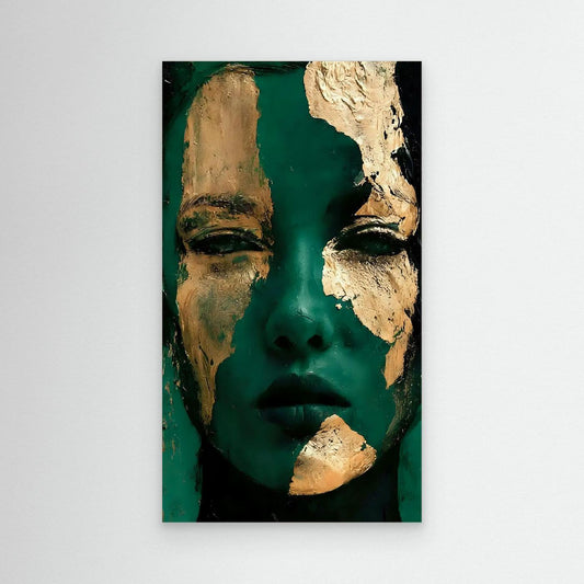 Unframed portrait canvas with teal face and gold textured patches