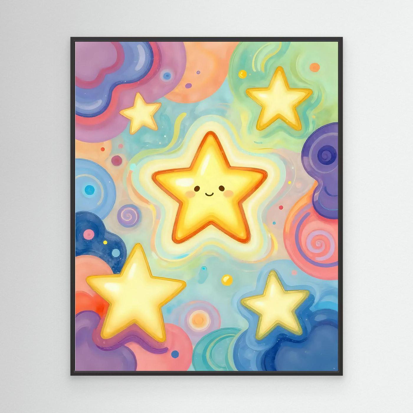 Framed star wall art print with five smiling yellow stars on a colorful sky; black frame