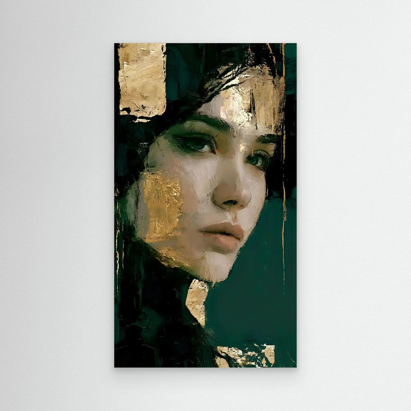 Framed wall portrait of a woman's face in gold and dark green abstract paint.