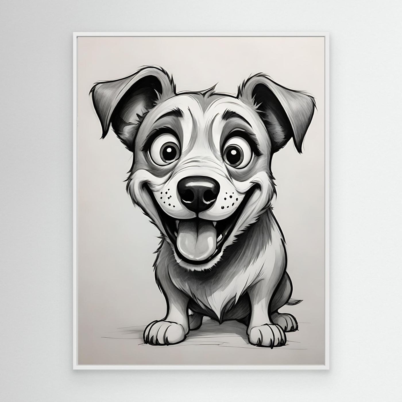 White-framed black-and-white dog sketch wall art of a sitting puppy.