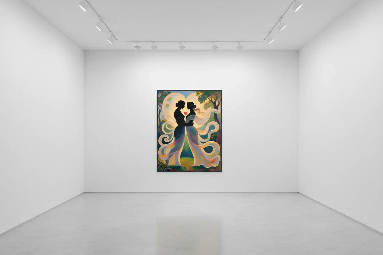 Framed couple silhouette wall art with red heart and multicolor flowing gowns