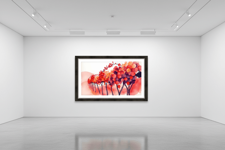 Framed watercolor autumn tree wall art print with red-orange and purple trees