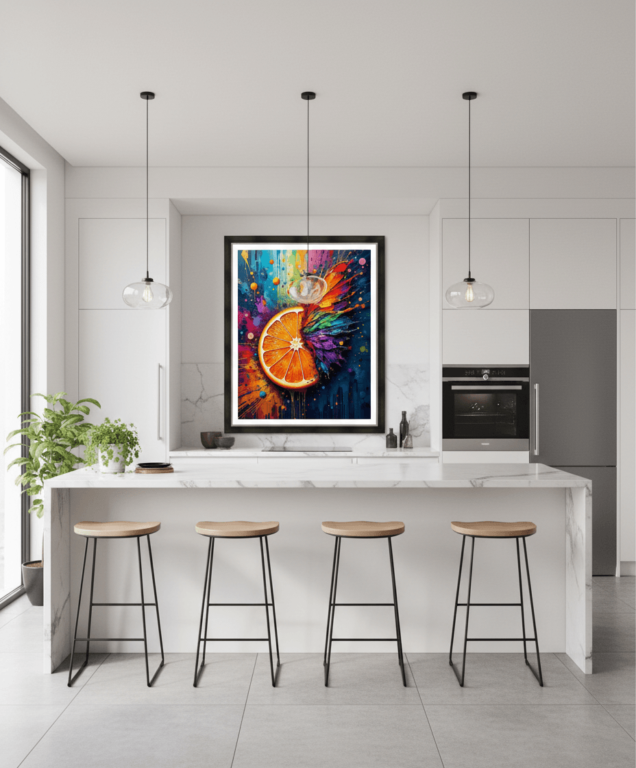 Framed abstract print above kitchen counter with orange slice center and colorful splatter wings