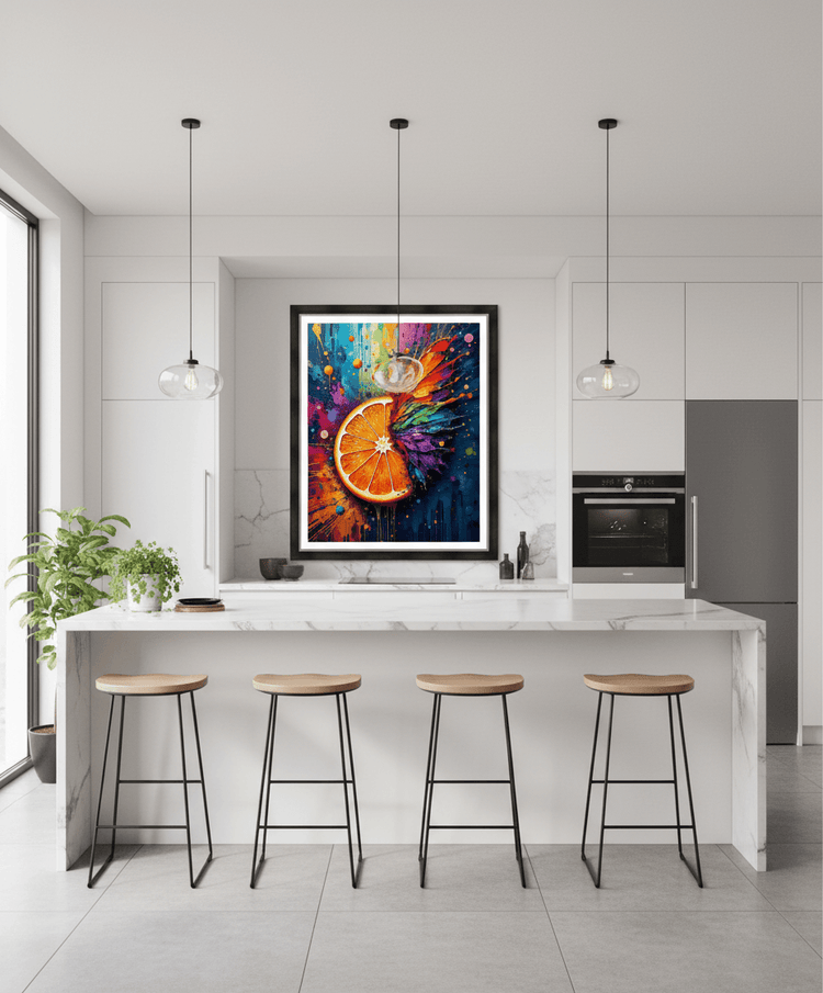 Framed abstract print above kitchen counter with orange slice center and colorful splatter wings