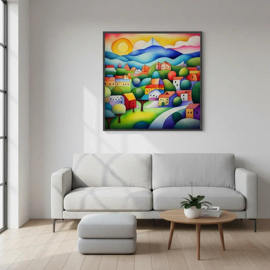 Framed geometric landscape wall art with colorful houses, hills, and mountains in blue, green, and orange