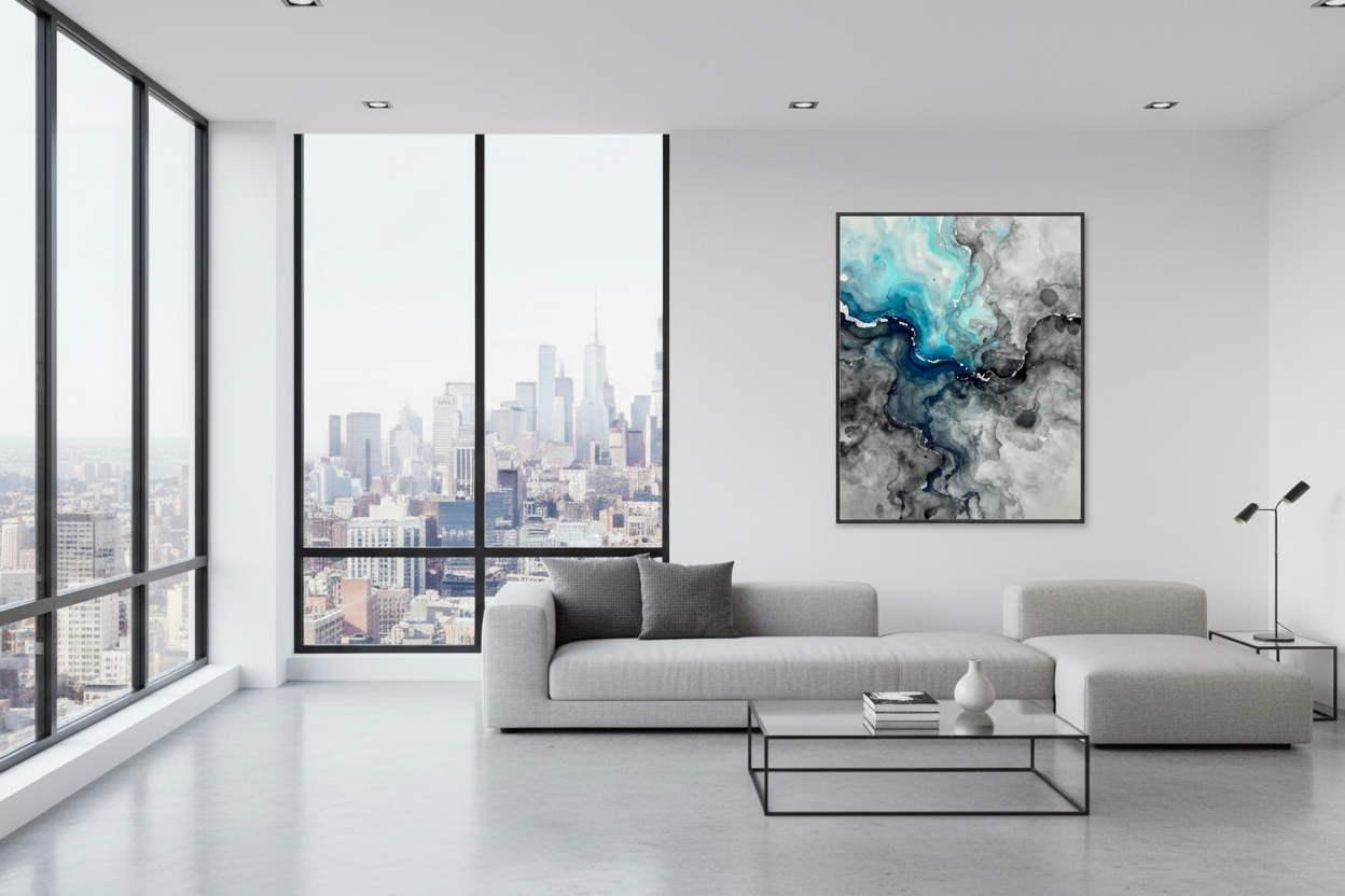 Framed abstract wall art with blue and gray marbled pattern, dark frame.