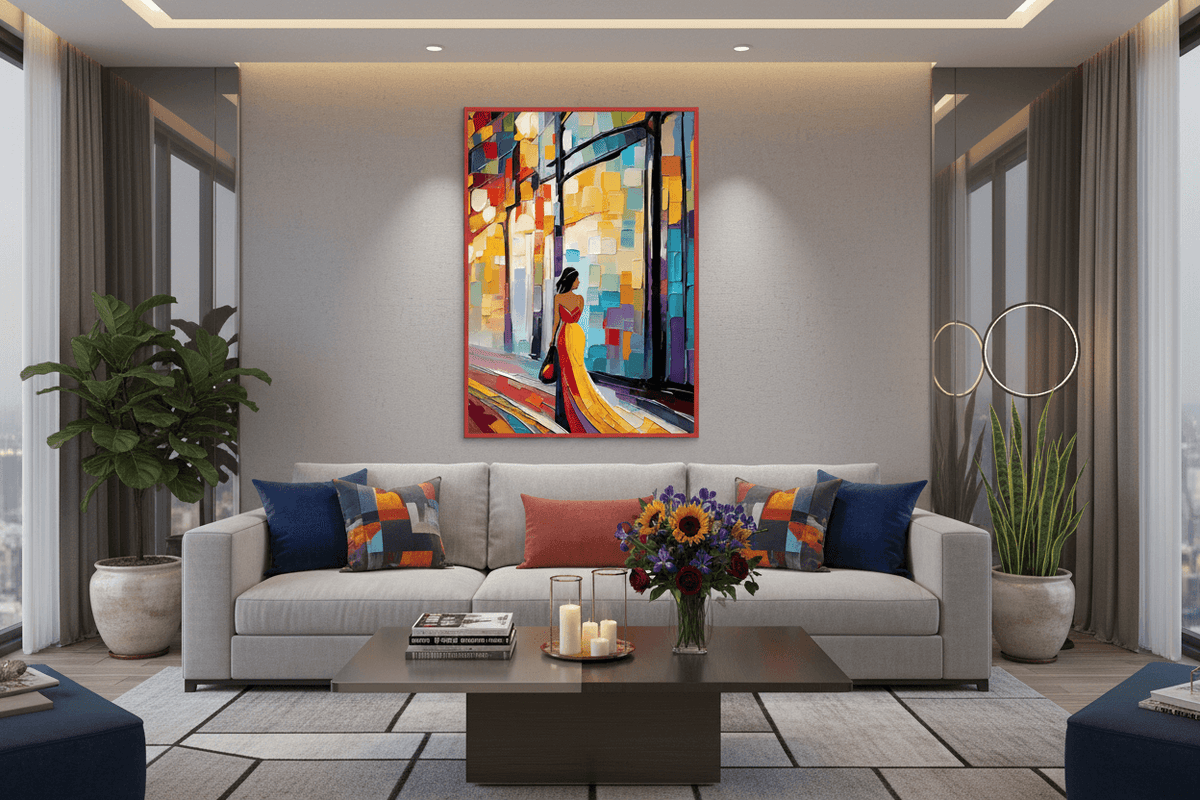 Fine art print with red frame: colorful city scene with a woman in yellow dress