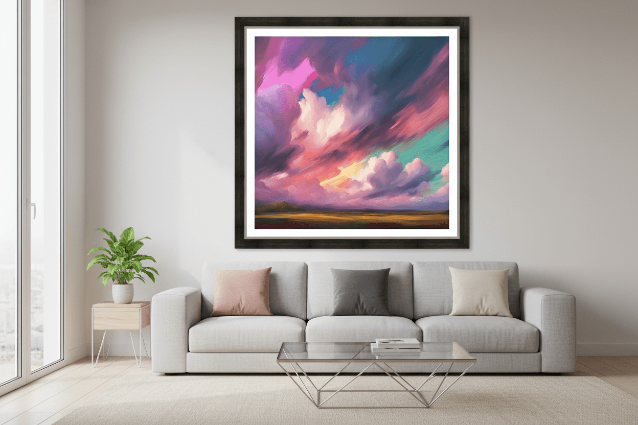 Dramatic clouds framed print with colorful billowing clouds and sunset horizon