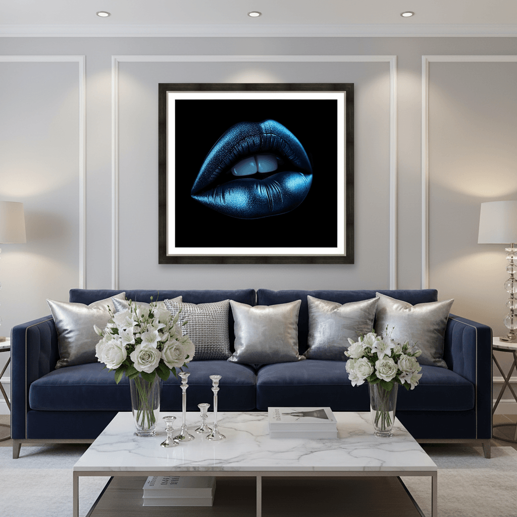 Framed sapphire blue metallic lips artwork, centered close-up with glossy teeth