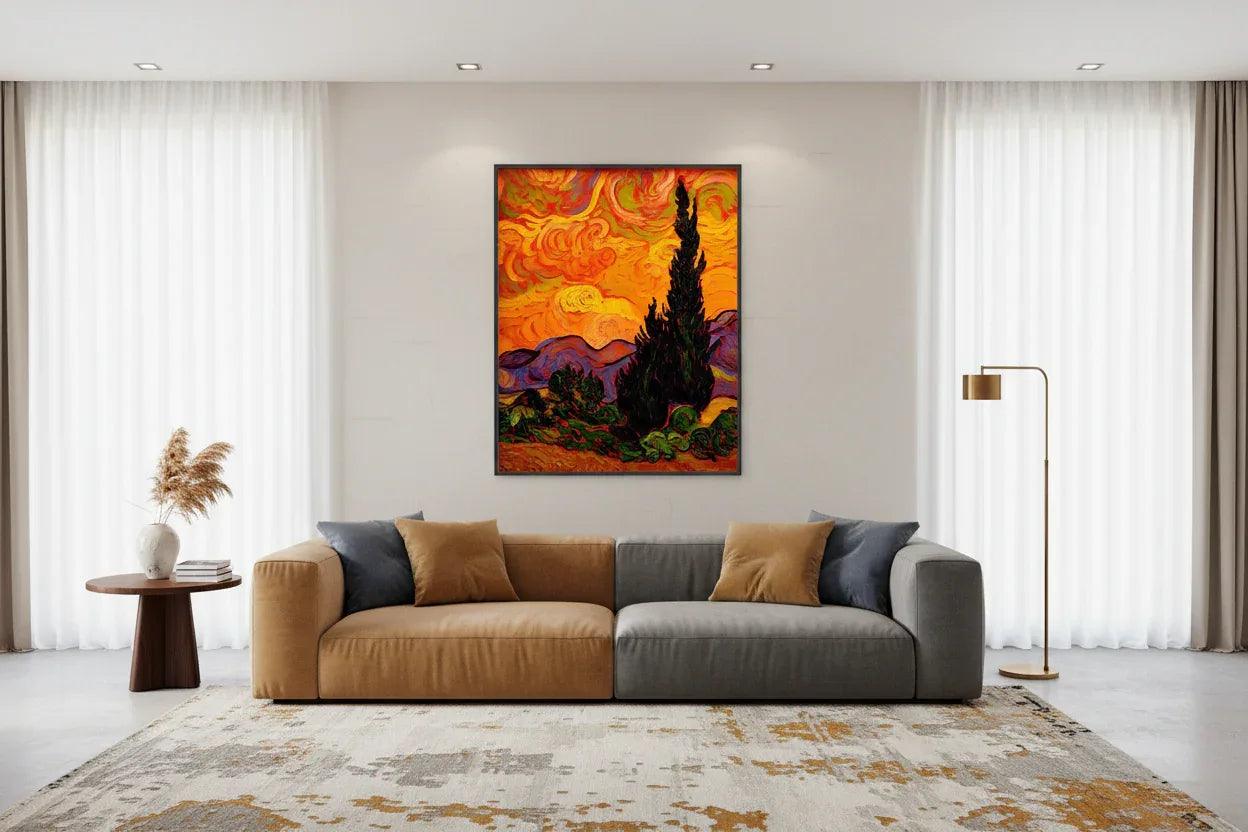 Framed landscape wall art with a tall pine tree silhouette against an orange sky