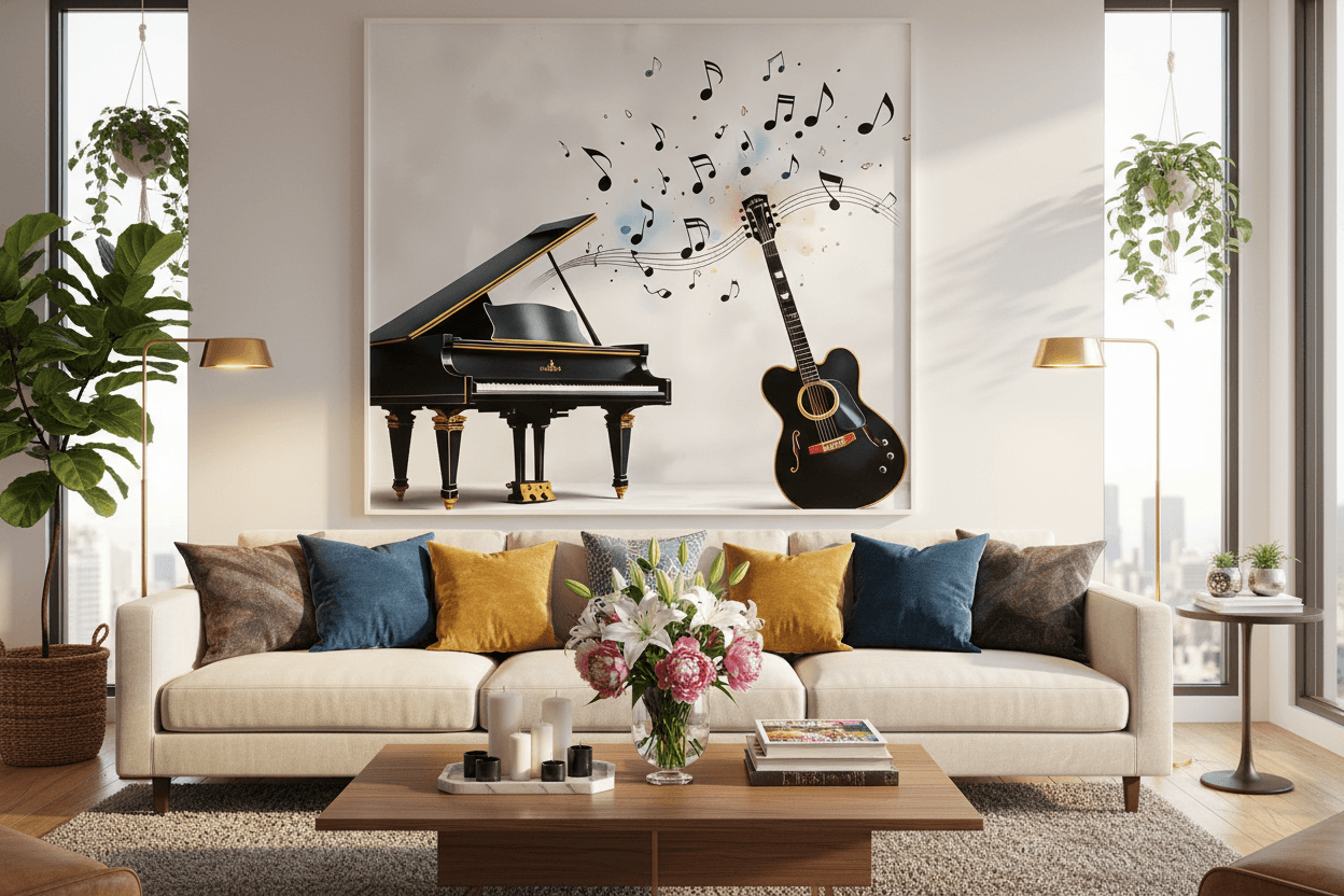 Framed musical wall art with black piano and acoustic guitar surrounded by music notes