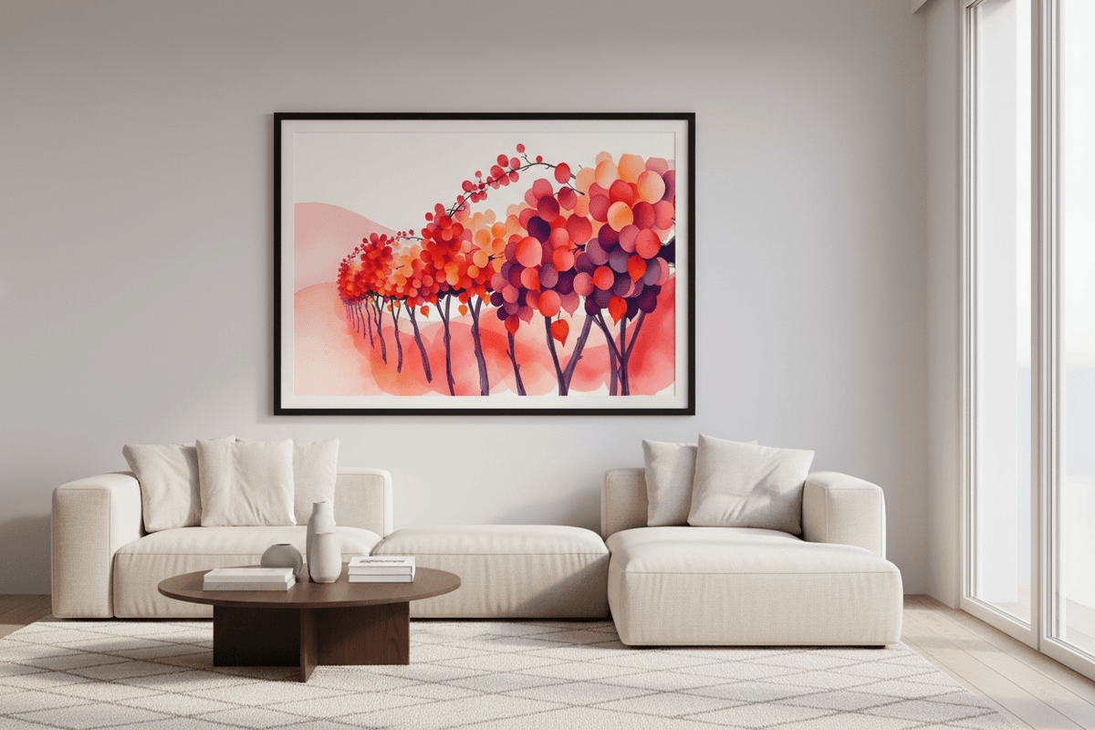 Framed watercolor autumn tree wall art print with heart-shaped foliage