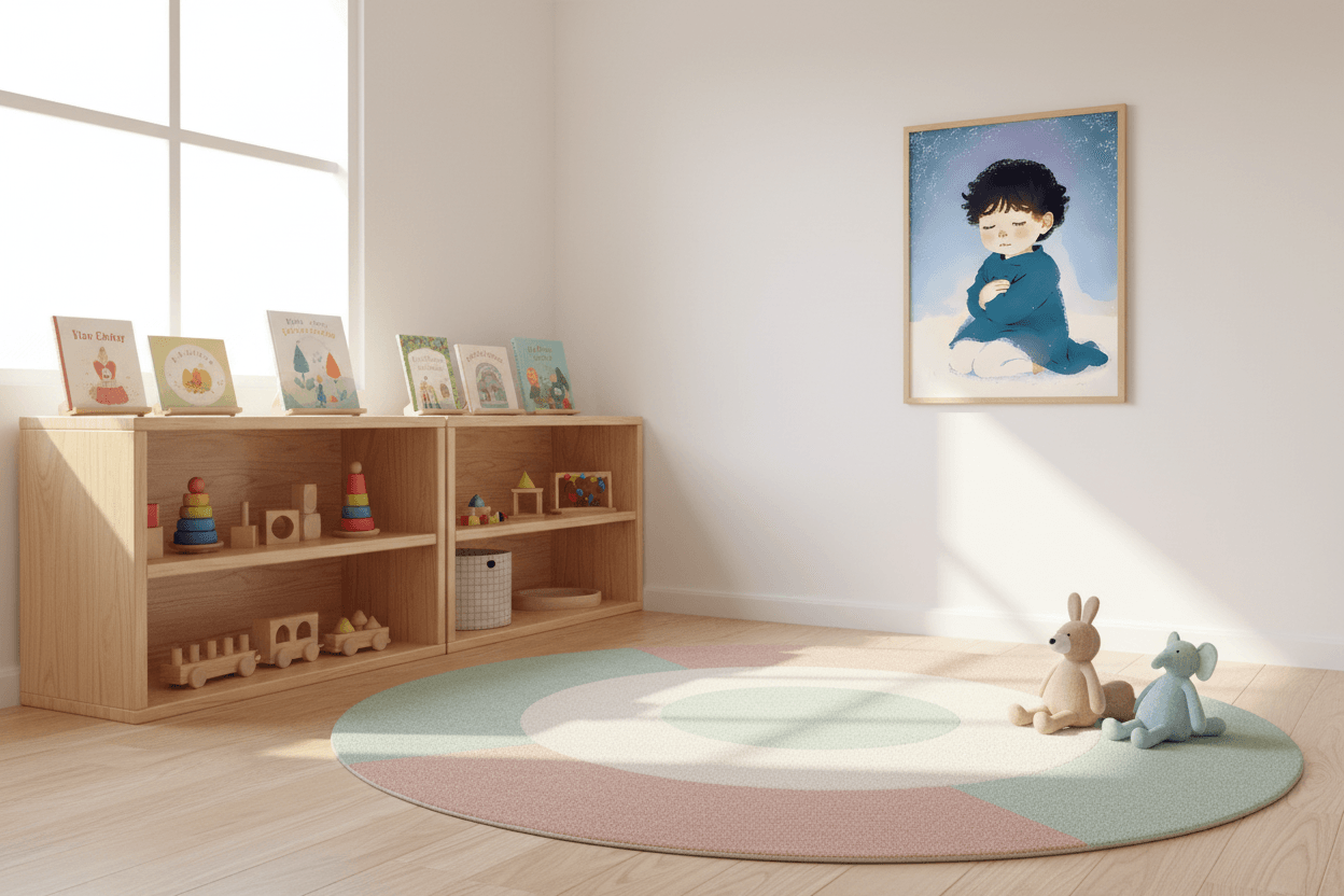 Framed print of a kneeling child in blue holding a cup