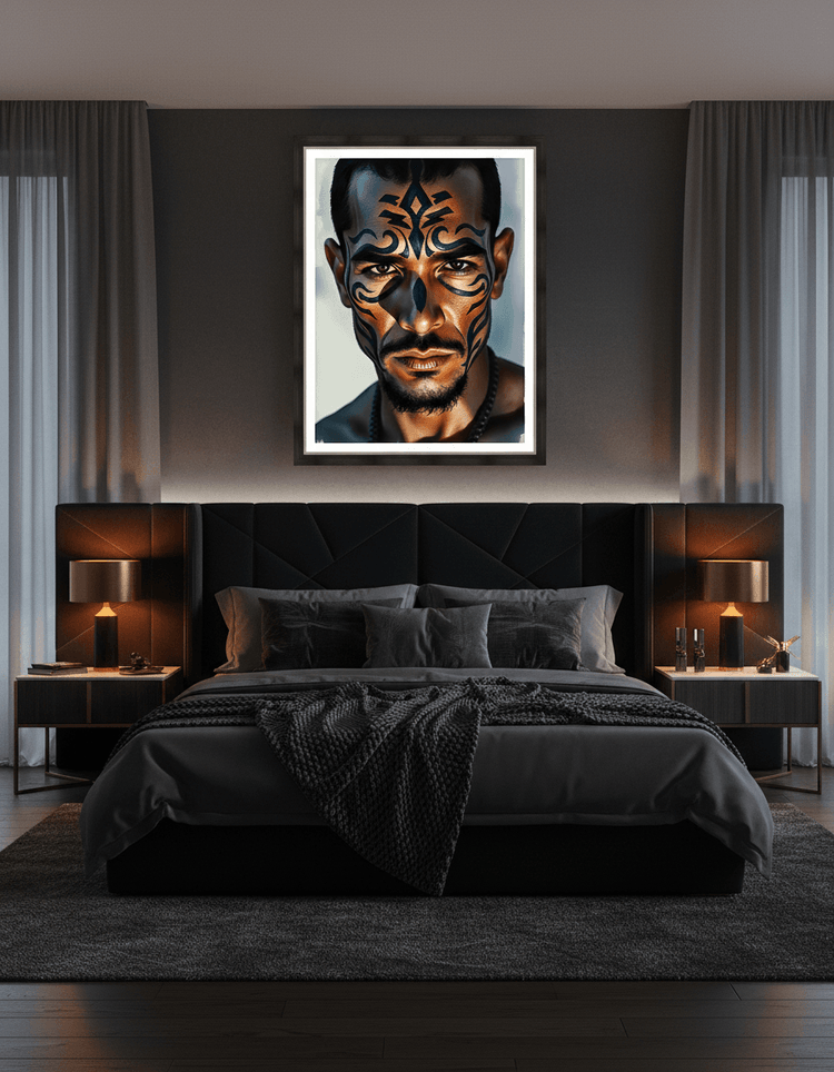 Framed tribal face portrait artwork of a man with blue and orange face paint.