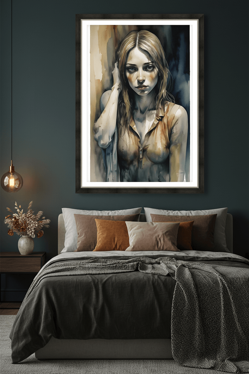Framed watercolor portrait print of a woman with blonde hair, hand raised near cheek