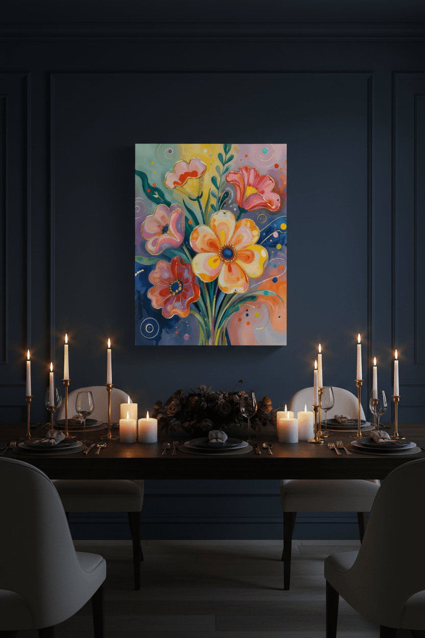 Abstract floral canvas wall art with orange and pink blossoms and teal-green leaf details
