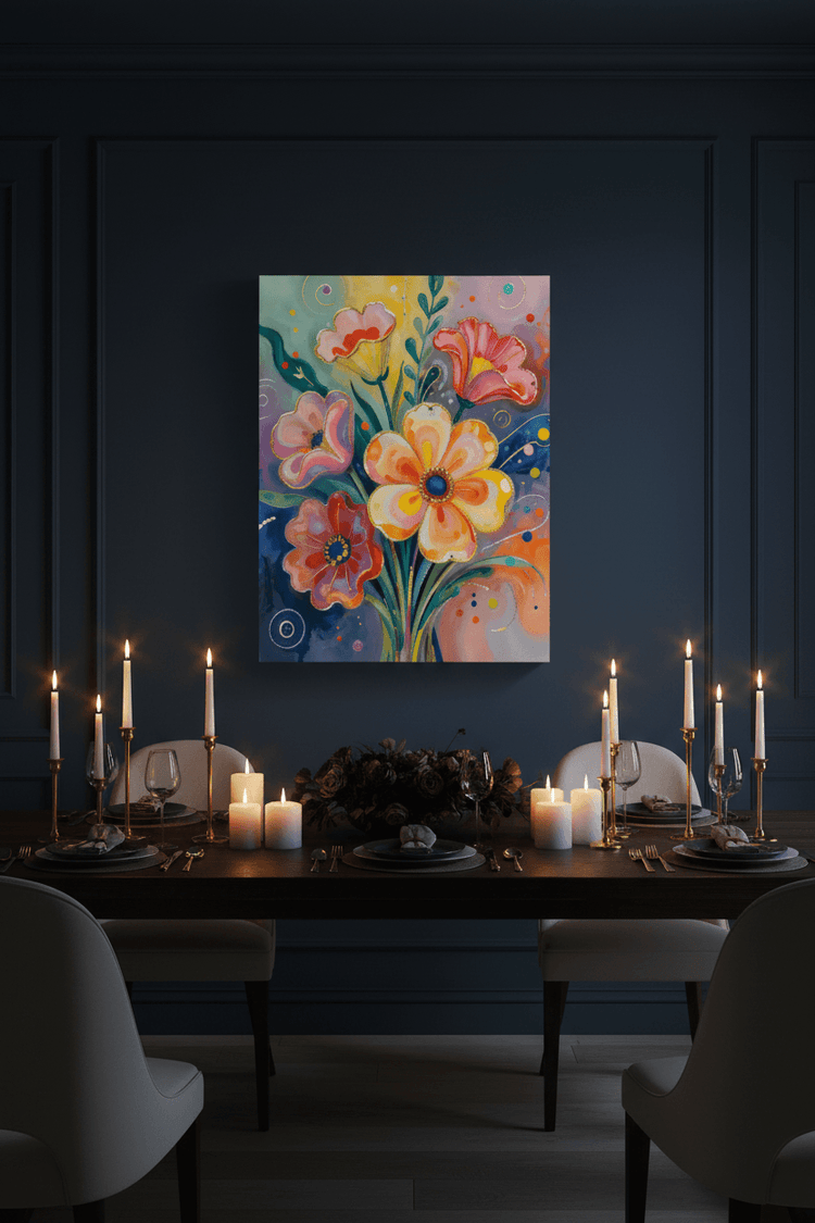 Abstract floral canvas wall art with orange and pink blossoms and teal-green leaf details