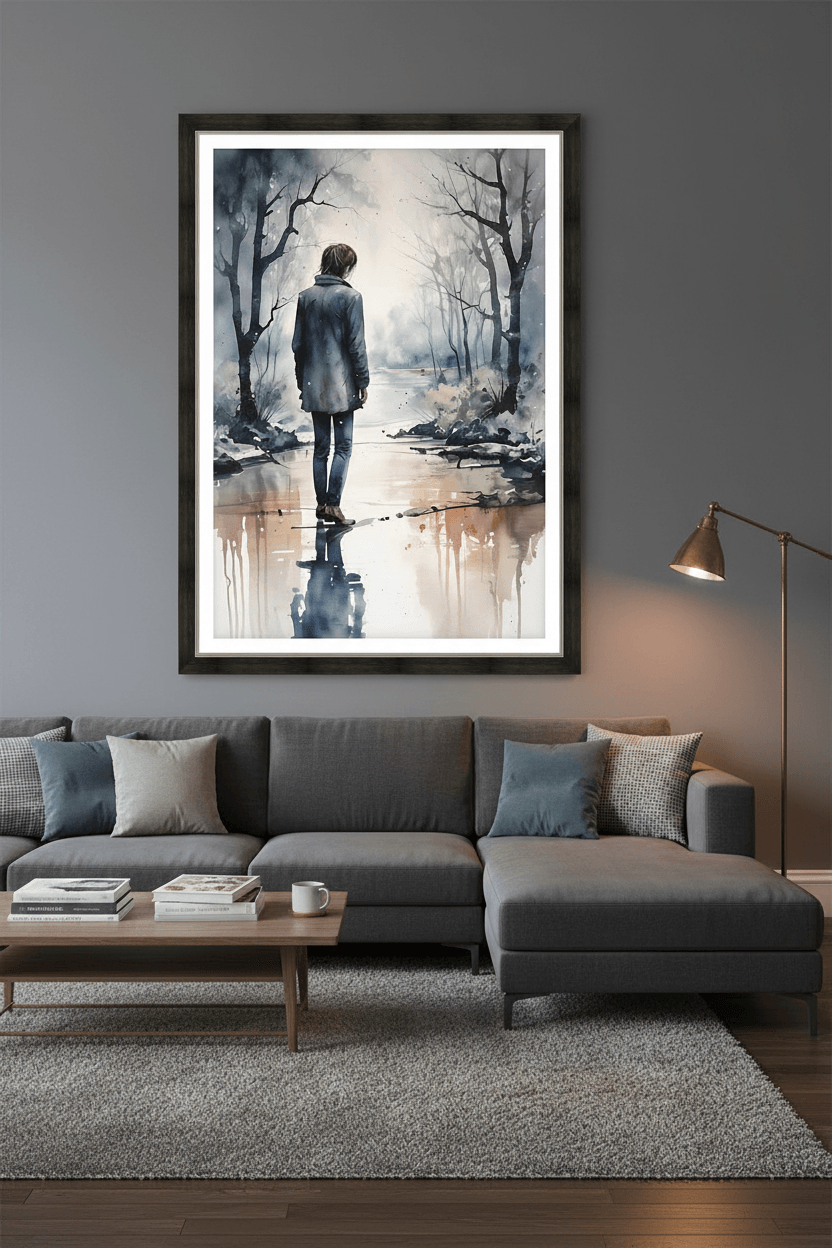 Framed watercolor art print: lone man in blue coat walking along snowy path in forest