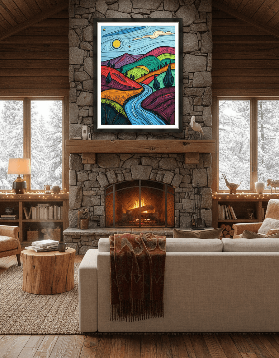 Framed abstract landscape print with blue river and layered vibrant mountain colors, black frame