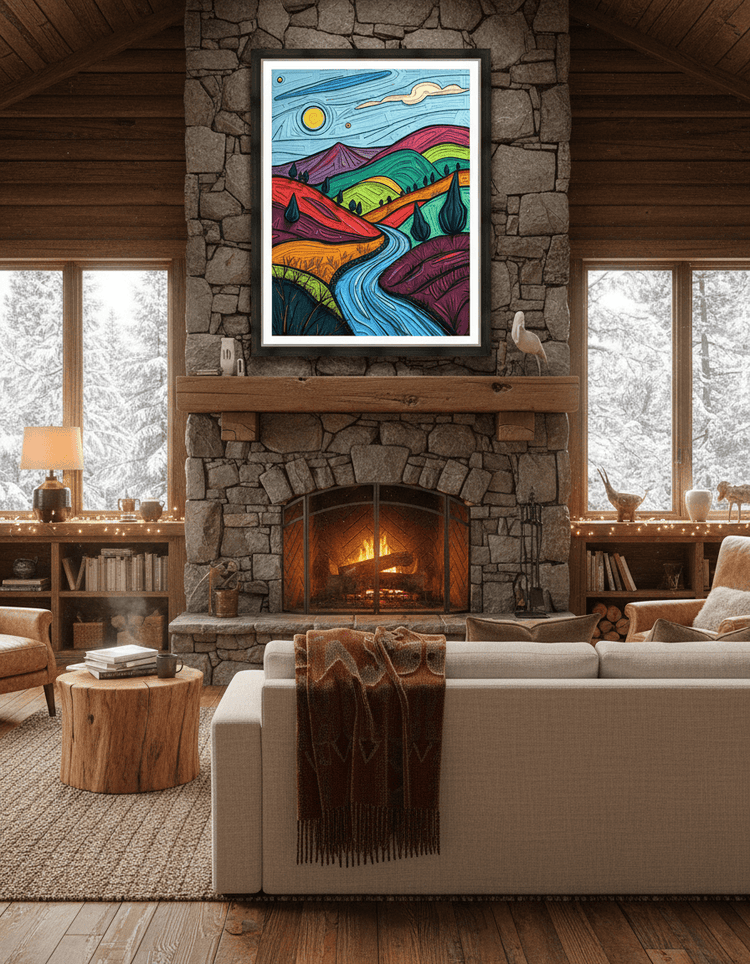 Framed abstract landscape print with blue river and layered vibrant mountain colors, black frame